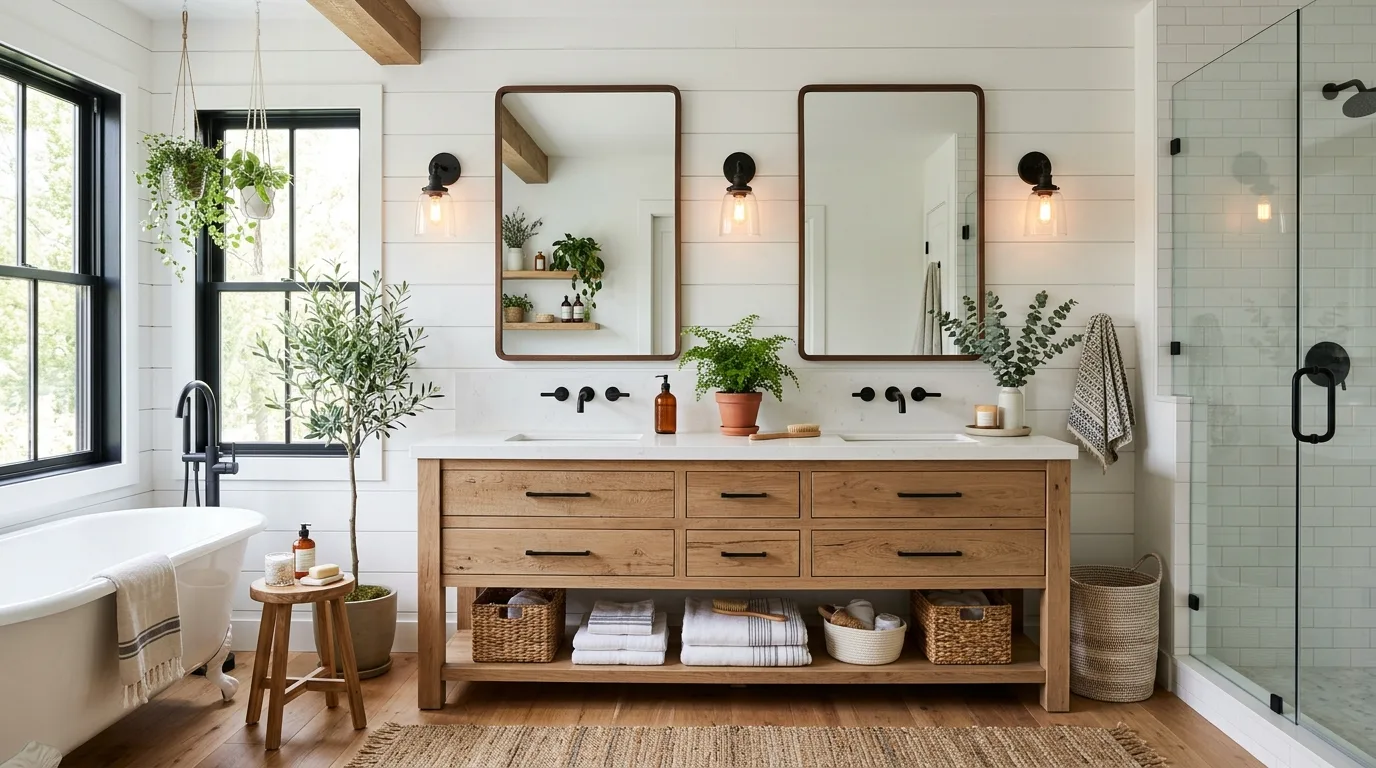 Keep the whole room practical and uncluttered inspiration for a modern farmhouse bathroom.